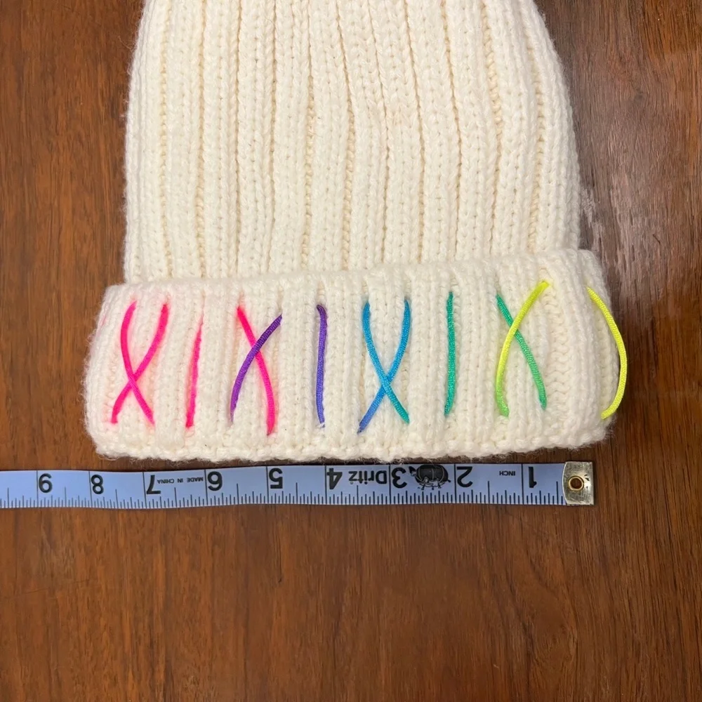 Beanie, white pom fleece lined beanie with colorful‎ stitching